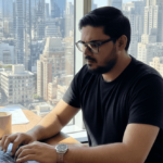 Sherjeel Javed using his computer in an office