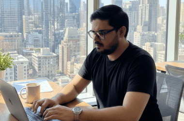 Sherjeel Javed using his computer in an office